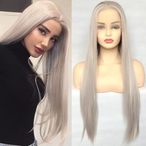 Silver Blonde Straight Lace Front Wigs Trendy Long Half Hand Tied Wig for Women Heat Resistant Synthetic Hair 22 Inches