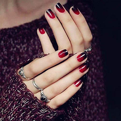 SIUSIO 24Pcs Fake Nails Black Red Full Cover Short Gradient Jewelry Top Coat Maple Leaf False Nail Covered Gel Nail Art Tips Sets for Women and Girls