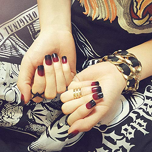 SIUSIO 24Pcs Fake Nails Black Red Full Cover Short Gradient Jewelry Top Coat Maple Leaf False Nail Covered Gel Nail Art Tips Sets for Women and Girls - Image 4