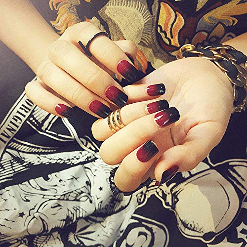 SIUSIO 24Pcs Fake Nails Black Red Full Cover Short Gradient Jewelry Top Coat Maple Leaf False Nail Covered Gel Nail Art Tips Sets for Women and Girls - Image 5