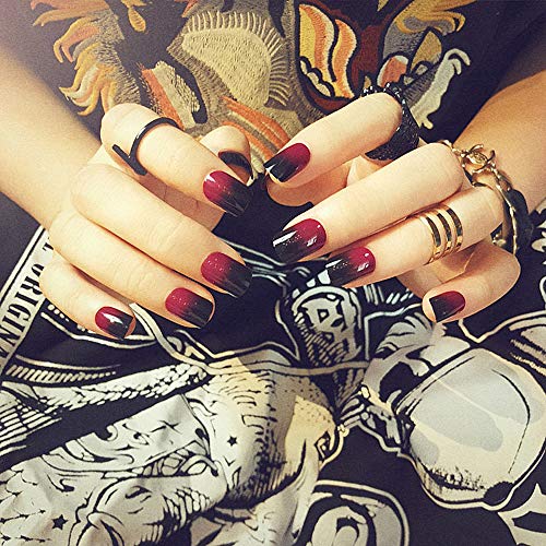 SIUSIO 24Pcs Fake Nails Black Red Full Cover Short Gradient Jewelry Top Coat Maple Leaf False Nail Covered Gel Nail Art Tips Sets for Women and Girls - Image 6