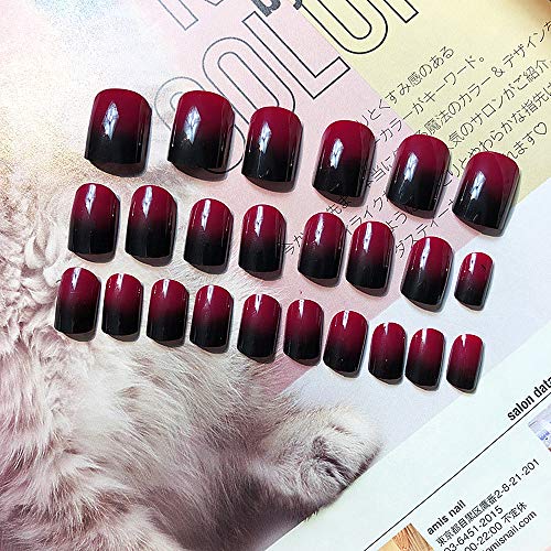 SIUSIO 24Pcs Fake Nails Black Red Full Cover Short Gradient Jewelry Top Coat Maple Leaf False Nail Covered Gel Nail Art Tips Sets for Women and Girls - Image 7