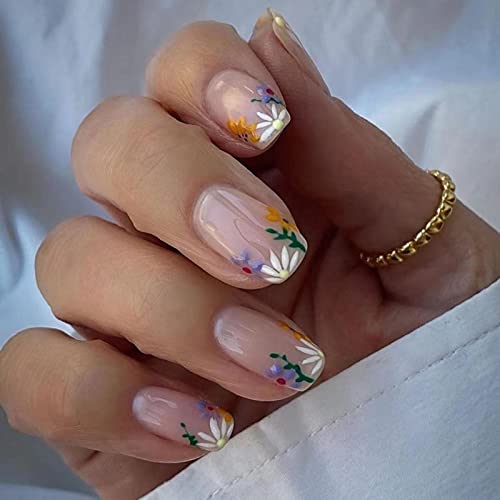 Spring Flowers Press on Nails - Medium Square,Purple White Flowers Fake Nails Glue on Nails,Natural Full Cover Stick on Nails False Nails Acrylic Nails Artificial Nails for Women 24Pcs/Set