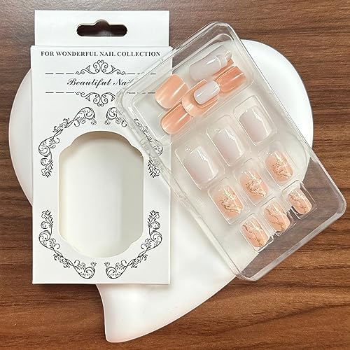 Square Press on Nails Short White Pink Fake Nails with Gold Foil Design Acrylic Nails Full Cover Stick on Nails Glue on Nails for Women 24 Pcs - Image 6