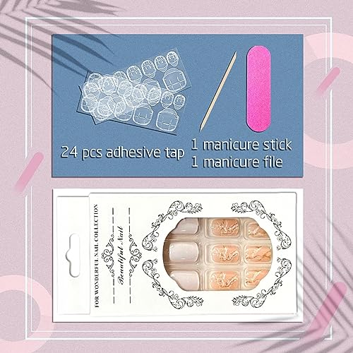 Square Press on Nails Short White Pink Fake Nails with Gold Foil Design Acrylic Nails Full Cover Stick on Nails Glue on Nails for Women 24 Pcs - Image 5