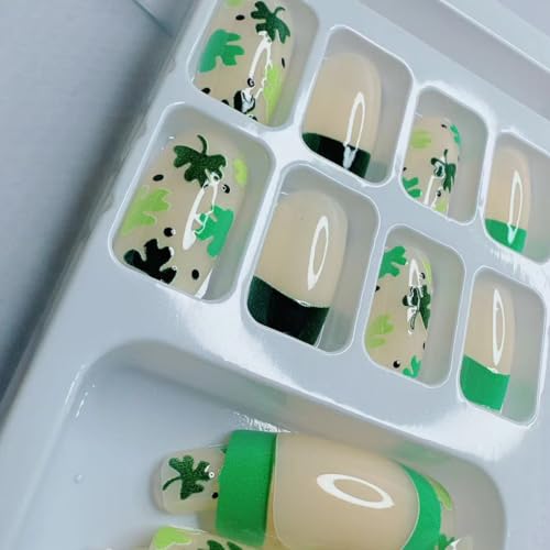 St. Patrick's Day Medium Square French Tip Press-On Nails with Shamrock Design, 24 Piece Set - Image 2