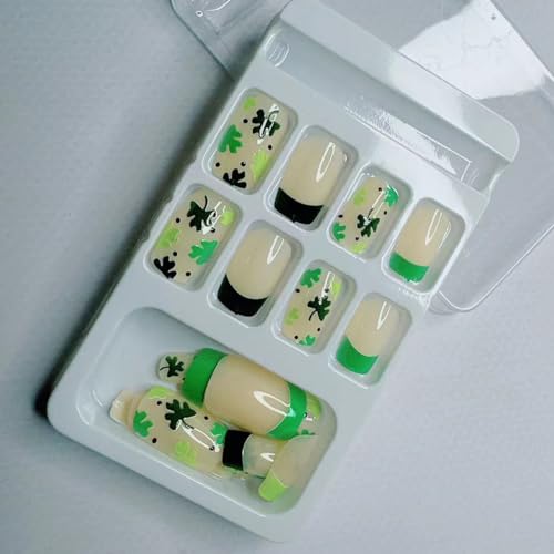 St. Patrick's Day Medium Square French Tip Press-On Nails with Shamrock Design, 24 Piece Set - Image 3
