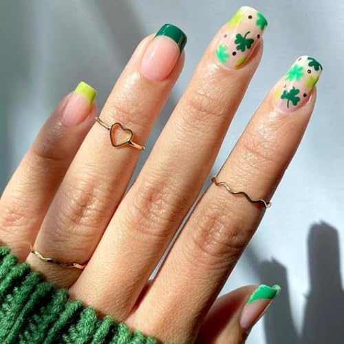 St. Patrick's Day Medium Square French Tip Press-On Nails with Shamrock Design, 24 Piece Set