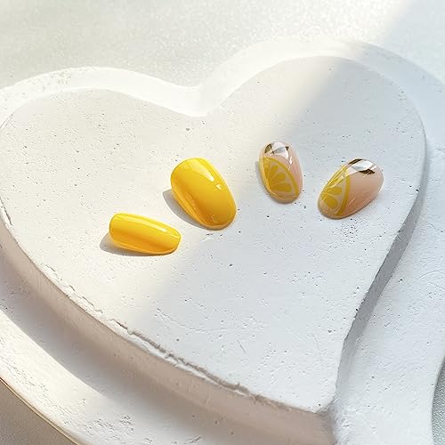 Summer Press on Nails Oval Fake Nails with Lemon Designs Stick on Nails Full Cover Yellow Acrylic Artificial Nails Short Glossy Glue on Nails for Women Girls Holiday Nail Supplies Gift 24pcs - Image 7
