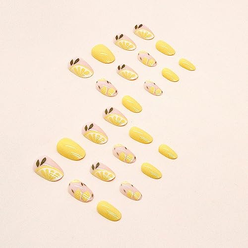Summer Press on Nails Oval Fake Nails with Lemon Designs Stick on Nails Full Cover Yellow Acrylic Artificial Nails Short Glossy Glue on Nails for Women Girls Holiday Nail Supplies Gift 24pcs - Image 3