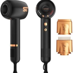 Supreme Trimmer Hair Dryer Negative Ion 110,000 RPM | Fast Drying & Low Noise Blow Dryer 1400W Brushless Motor | Magnetic Attachments, 3 Heat & 3 Speed Settings + Cool Shot | SHD347 Black