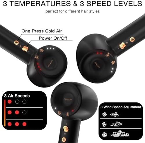 Supreme Trimmer Hair Dryer Negative Ion 110,000 RPM | Fast Drying & Low Noise Blow Dryer 1400W Brushless Motor | Magnetic Attachments, 3 Heat & 3 Speed Settings + Cool Shot | SHD347 Black - Image 5