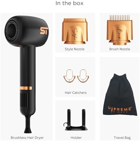 Supreme Trimmer Hair Dryer Negative Ion 110,000 RPM | Fast Drying & Low Noise Blow Dryer 1400W Brushless Motor | Magnetic Attachments, 3 Heat & 3 Speed Settings + Cool Shot | SHD347 Black - Image 4