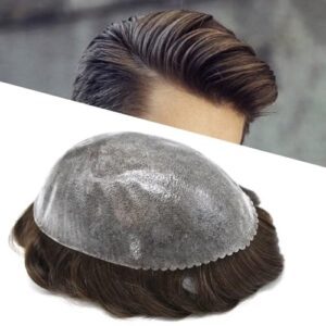 Toupee for Men Hair Replacement Systems Thin Skin Mens Toupee Full PU Injection Mens Brazilian Human Hairpiece Male Prothesis Wig Units #3 Dark Brown-130% Medium Density