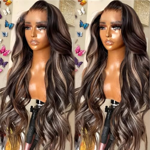 UNICE 16 Inch Body Wave Glueless Lace Front Wig Human Hair Balayage Black Blonde Highlights 150% Density - Image 5