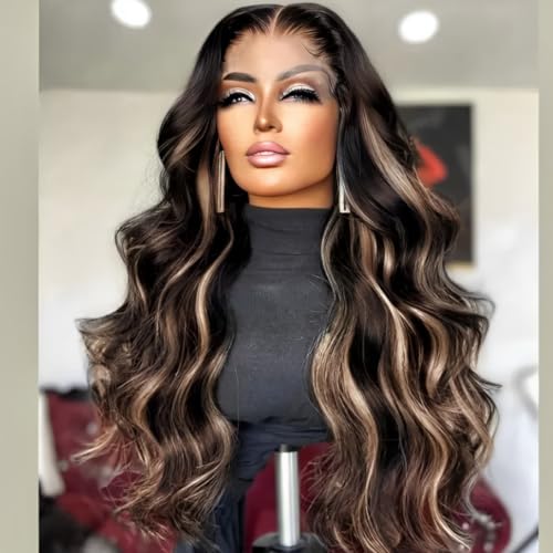 UNICE 16 Inch Body Wave Glueless Lace Front Wig Human Hair Balayage Black Blonde Highlights 150% Density - Image 3