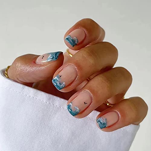 Vezocim 24Pcs Short Coffin Press on Nails Glossy Reusable with Glue Included