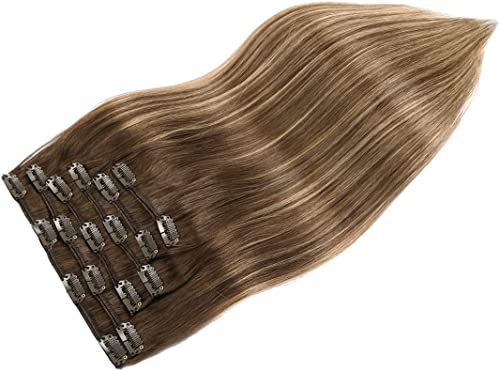 VINBAO Clip In Hair Extensions Human Remy Hair Balayage Chocolate Brown to Caramel Blonde Hair Extensions Clip in Human Hair 20 Inch 6pcs 120g Double Drawn Clip on Hair Extensions(#4/27/4,20'') - Image 2