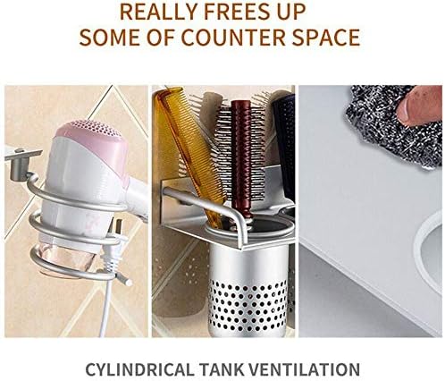 Wall-Mounted Hair Blow Dryer Holder with 2 Cups, Space Aluminum, Nail-Free Installation - Image 4