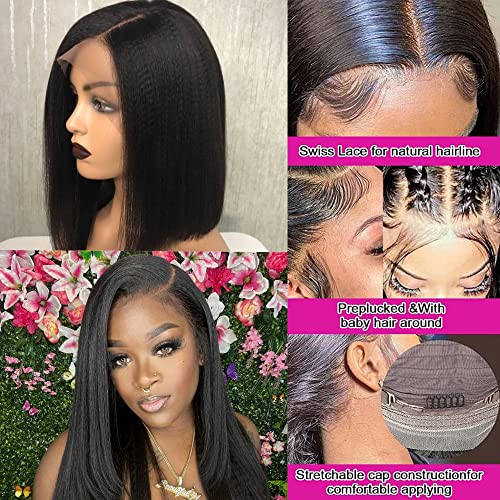 Wear and Go Glueless Kinky Straight Human Hair Bob Wigs for Black Women 13x4 HD Transparent Lace Frontal Pre plucked 10 Inch Short Bob Wig 150% Italian Yaki Straight Wigs Middle Part - Image 4