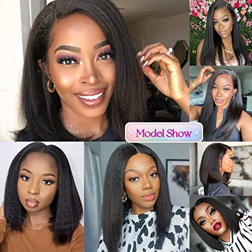 Wear and Go Glueless Kinky Straight Human Hair Bob Wigs for Black Women 13x4 HD Transparent Lace Frontal Pre plucked 10 Inch Short Bob Wig 150% Italian Yaki Straight Wigs Middle Part - Image 2