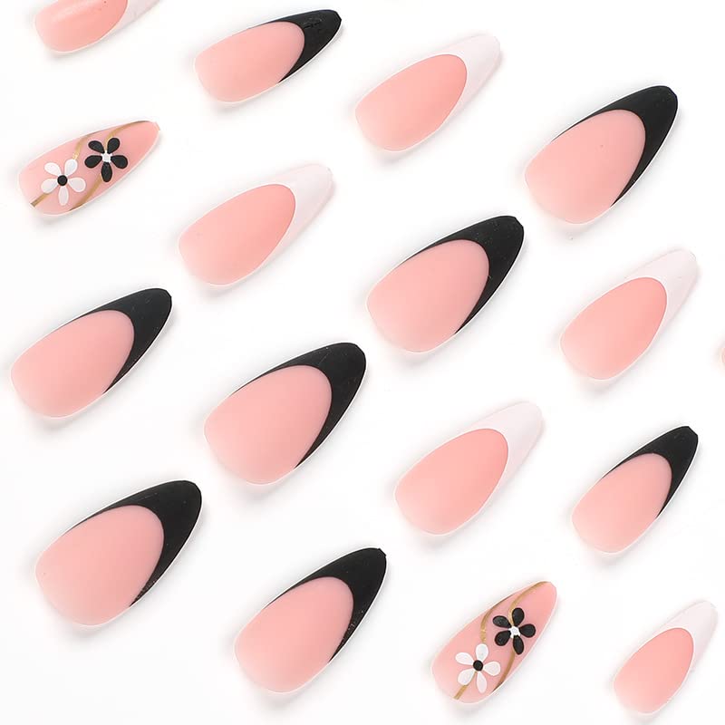 White and Black French Tip Nude Fress on Nails with Flower Design Short Almond Matte Fake Acrylic Nails 24Pcs for Woman and Girls LANOVA FN-SA022 - Image 2
