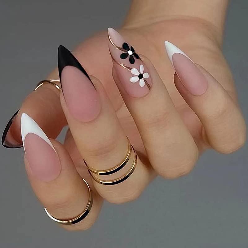 White and Black French Tip Nude Fress on Nails with Flower Design Short Almond Matte Fake Acrylic Nails 24Pcs for Woman and Girls LANOVA FN-SA022