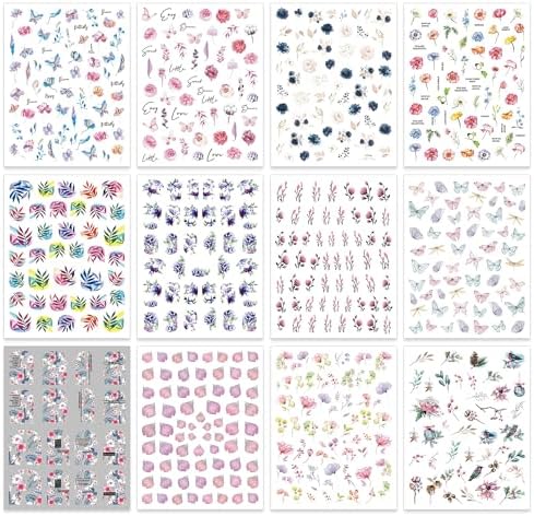 WOKOTO 12 Sheets Flower Nail Art Sticker Supplies 3D Self-Adhesive Colorful Pink Flowers Leave Butterfly Blossoms Nail Decals Stickers Floral Nail Design Stickers for Acrylic Nails Decoration - Image 2