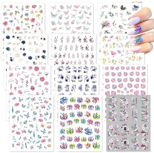 WOKOTO 12 Sheets Flower Nail Art Sticker Supplies 3D Self-Adhesive Colorful Pink Flowers Leave Butterfly Blossoms Nail Decals Stickers Floral Nail Design Stickers for Acrylic Nails Decoration