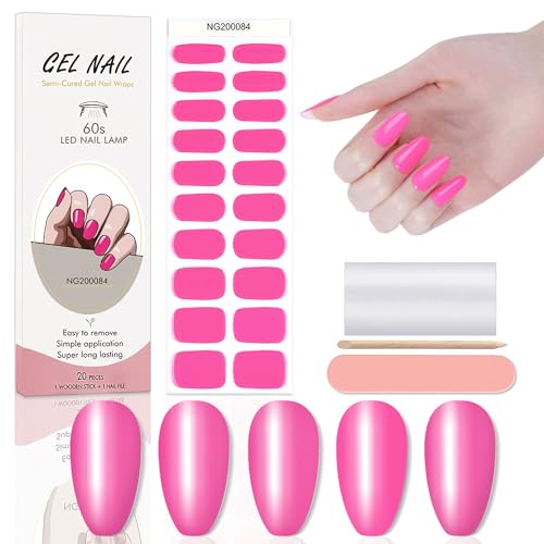 WOKOTO 20 Pcs Hotpink Semi Cured Gel Nail Strips With Nail File & Wooden Stick Nail Polish Strips Gel Nail Stickers Full Nail Wraps For Women Girls Long Lasting Stick On Real Nail Polish Stickers