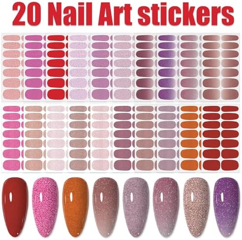 WOKOTO 20 Sheets Solid Pink Full Nail Polish Stickers False Nail Design Stickers Glitter Pink Gradient Nail Stickers Full Nail Wraps For Women Girls Nails Stick On Nail Polish Strips Nail Gel Stickers - Image 2