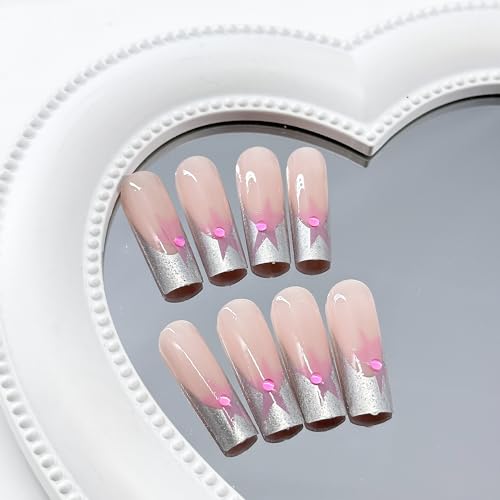 Y2K Press on Nails Long Square MABKJLF Sliver French Tip Fake Nails Pink Full Cover Star False Nails with Designs Pearl Glitter Glossy Glue on Nails Acrylic Manicure Artificial Nails for Women Girls - Image 3