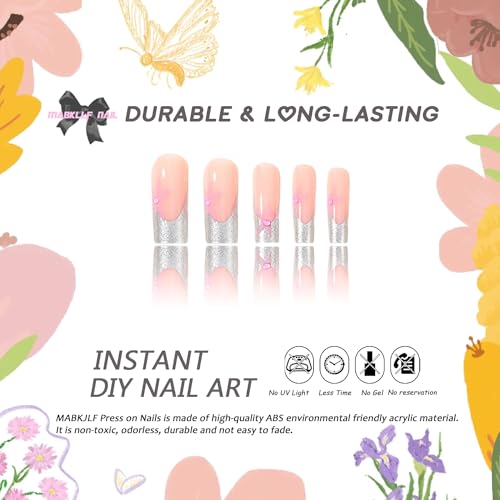 Y2K Press on Nails Long Square MABKJLF Sliver French Tip Fake Nails Pink Full Cover Star False Nails with Designs Pearl Glitter Glossy Glue on Nails Acrylic Manicure Artificial Nails for Women Girls - Image 2
