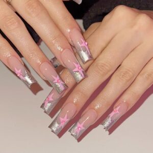 Y2K Press on Nails Long Square MABKJLF Sliver French Tip Fake Nails Pink Full Cover Star False Nails with Designs Pearl Glitter Glossy Glue on Nails Acrylic Manicure Artificial Nails for Women Girls