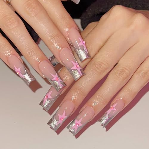 Y2K Press on Nails Long Square MABKJLF Sliver French Tip Fake Nails Pink Full Cover Star False Nails with Designs Pearl Glitter Glossy Glue on Nails Acrylic Manicure Artificial Nails for Women Girls
