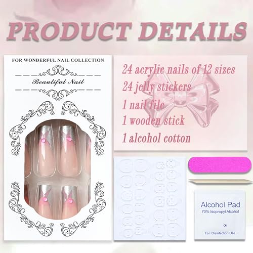 Y2K Press on Nails Long Square MABKJLF Sliver French Tip Fake Nails Pink Full Cover Star False Nails with Designs Pearl Glitter Glossy Glue on Nails Acrylic Manicure Artificial Nails for Women Girls - Image 4