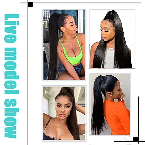 Yaki Straight Drawstring Ponytail Human Hair Afro Ponytail for Black Women Natural Black Color Brazilian Virgin Human Hair Drawstring Ponytail Extension Remy Hair Extensions 22” - Image 6