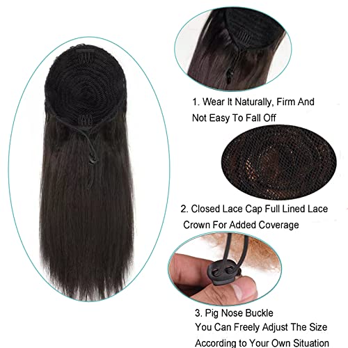 Yaki Straight Drawstring Ponytail Human Hair Afro Ponytail for Black Women Natural Black Color Brazilian Virgin Human Hair Drawstring Ponytail Extension Remy Hair Extensions 22” - Image 4