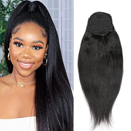 Yaki Straight Drawstring Ponytail Human Hair Afro Ponytail for Black Women Natural Black Color Brazilian Virgin Human Hair Drawstring Ponytail Extension Remy Hair Extensions 22”