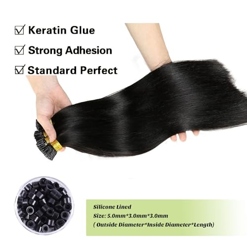Yaki Straight I Tip Hair Extensions Human Hair Brazilian Remy Hair 22 Inch Invisible Keratin Stick I tip Hair Bundles Pre Bonded Real Hair Extensions Microlink Beads Hair for Black Women 50g/50Strand - Image 2