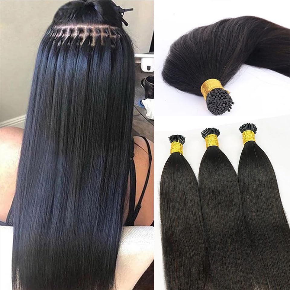 Yaki Straight I Tip Hair Extensions Human Hair Brazilian Remy Hair 22 Inch Invisible Keratin Stick I tip Hair Bundles Pre Bonded Real Hair Extensions Microlink Beads Hair for Black Women 50g/50Strand