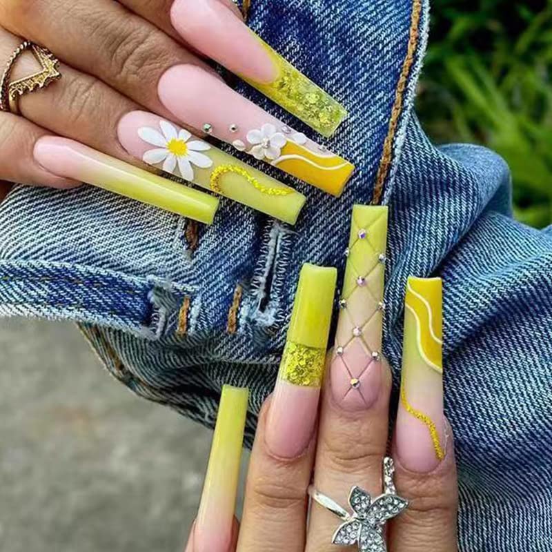 24 Pc Yellow Acrylic Coffin Nails Long Length for Nail Art Designs