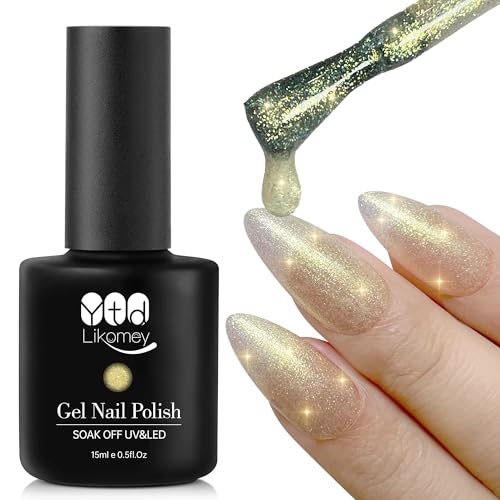 YTD Likomey Nude Gel Nail Polish,15ml Translucent Neutral Sheer UV Nail Gel Varnish-Opal Highlighting Yellow Chameleon Glitter