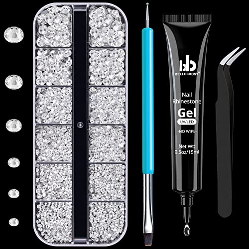 15ml Nail Art Rhinestone Glue Gel Kit with 2-5mm Crystal Clear Gemstones, Tweezer, and Dotting Pen for DIY Decoration