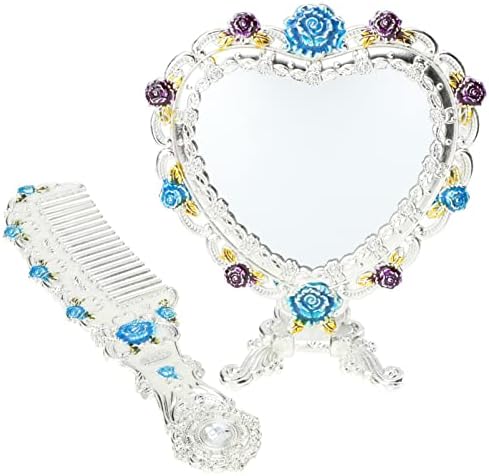 1 Set Love Makeup Mirror Old Fashioned Kit Retro Hair Brush Travel Kit Hand Mirror Heart Vintage Cosmetic Comb Handheld Cosmetic Mirror Woman Gift Box Glass Portable
