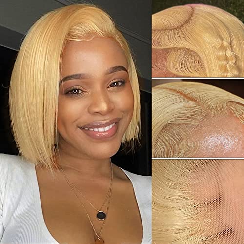 10 Inch Honey Blonde Bob Wig Human Hair Lace Front with Baby Hair 150% Density