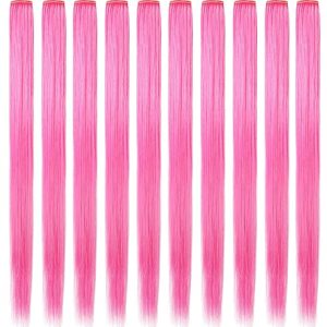 10 Pcs Colored Hair Extensions 20 Inch Colored Party Highlights Straight Heat-resistant Synthetic Hairpieces Clip in Halloween Christmas Hair Accessories for Girls(Pink)