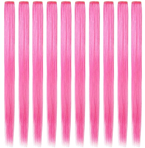 10 Pcs Colored Hair Extensions 20 Inch Colored Party Highlights Straight Heat-resistant Synthetic Hairpieces Clip in Halloween Christmas Hair Accessories for Girls(Pink)
