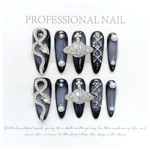 10 Pcs Size S 3D Handmade Long Stiletto Almond Ombre Acrylic Press on Nails Kit with Rhinestone Pearl Design and Toolkit - Image 6
