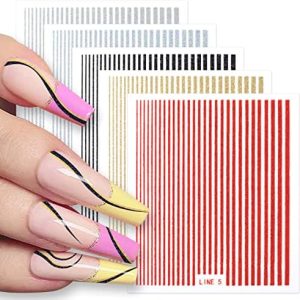 10 Sheets 3D Glitter Lines Nail Stickers Holographic Nails Art Stickers Colorful Metal Stripe Nail Decals Self Adhesive Geometric for Women Girls French Tip Manicure DIY Supplies